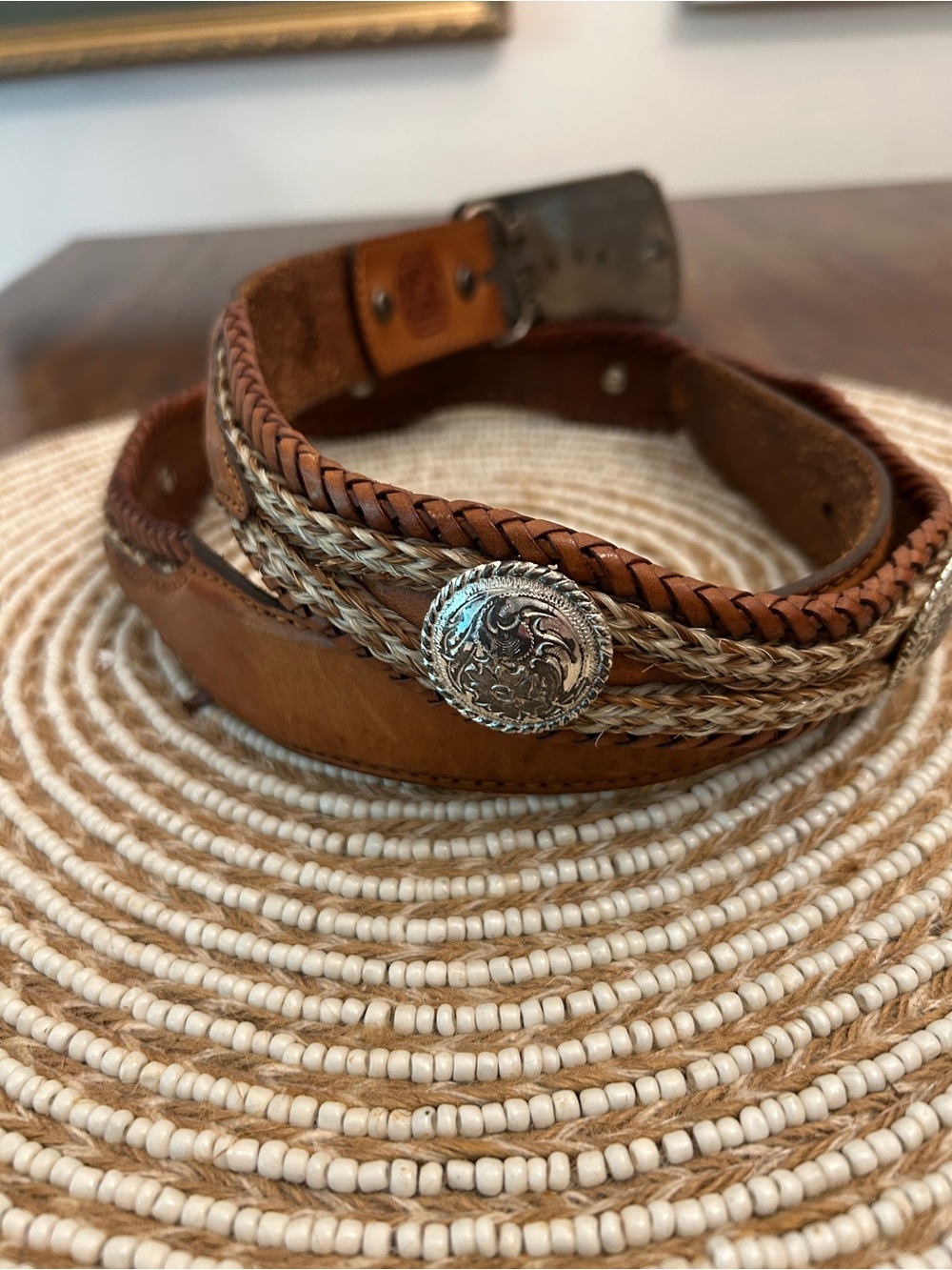 Vintage Tony Lama Brown Leather Braided Belt with Silver Concho Buckle - Picture 2 of 6